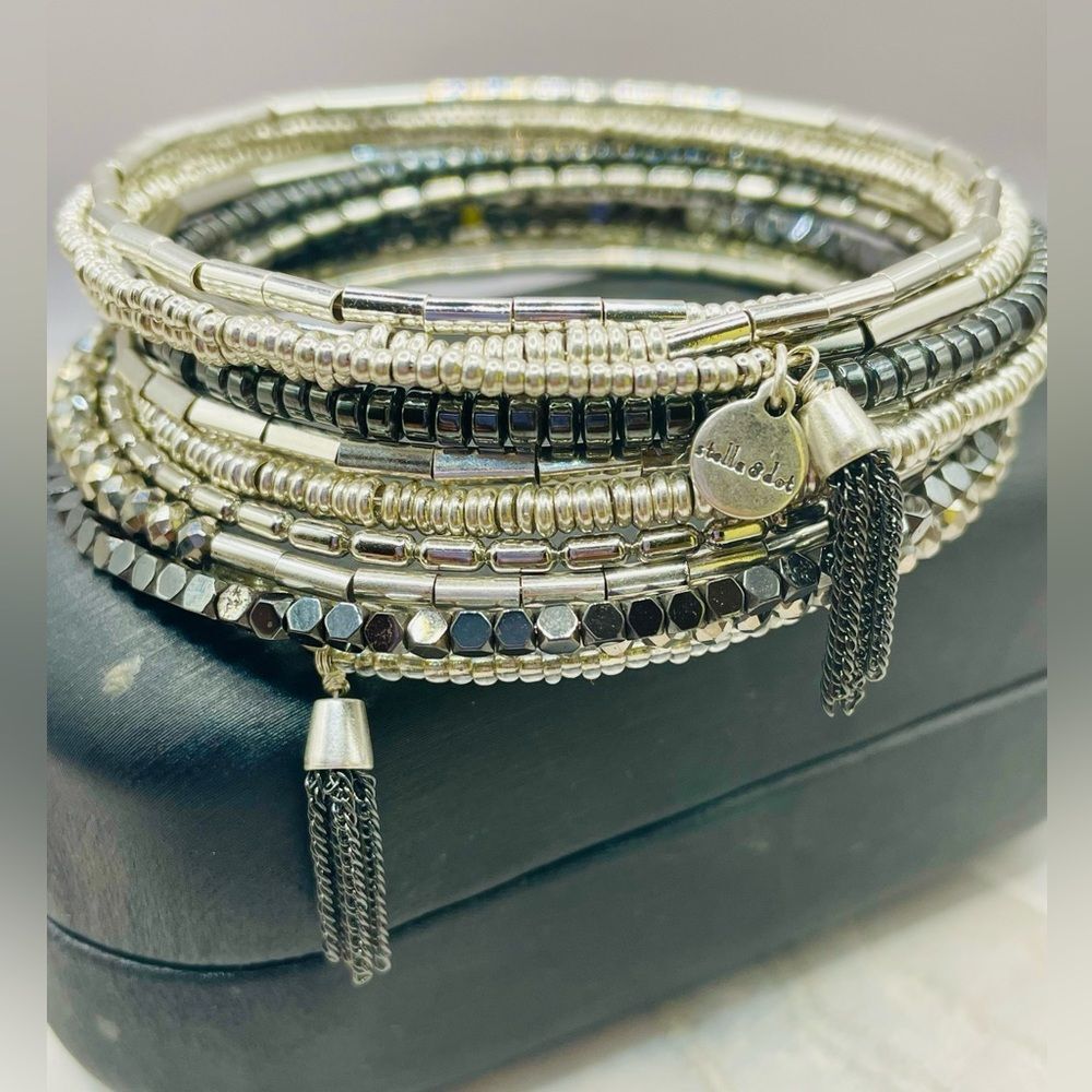 Stella & Dot Silver and Black Beaded Coil Wrap Bracelet with Tassels. Adjustable